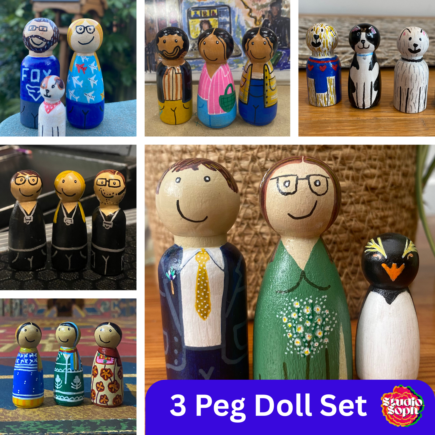 3 Peg Doll Set – Families, Siblings, Pets or Special Trios