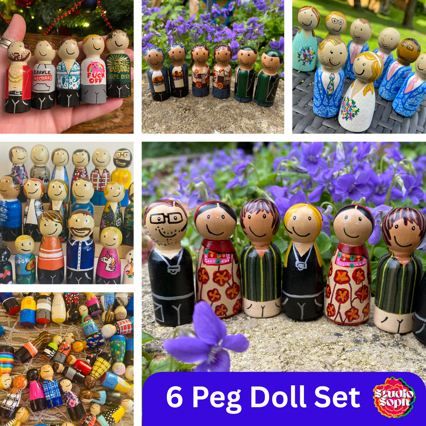 6 Peg Doll Set – Large Family or Wedding Party or Special Groups
